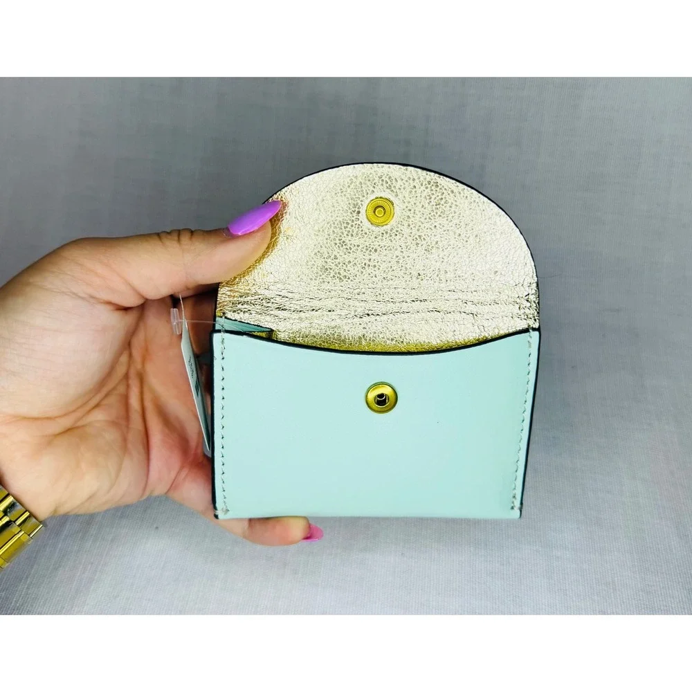 J.Crew Mint Green Leather Envelope Card Case Wallet Gold Snap New